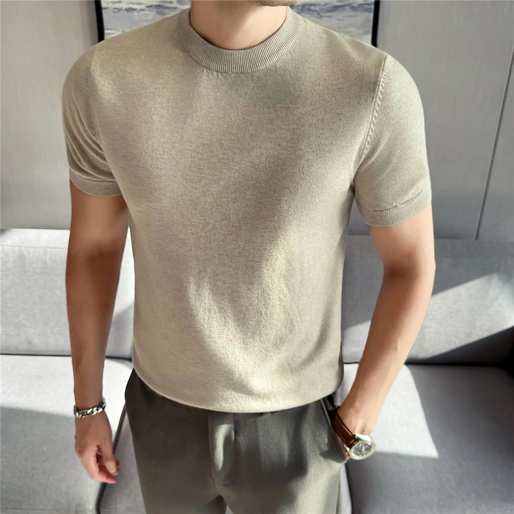 High Quality Solid Color Thick O-Neck Knitted T-Shirts Men Slim Fit Short Sleeve Knit Pullovers Korean Style Casual Tees Tops