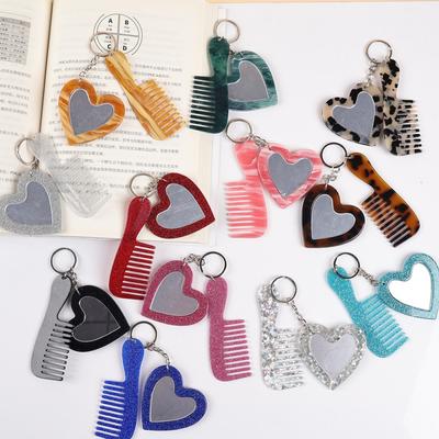 Mini Heart Makeup Mirror Comb Keychain Women Bag Pendant Simple Car Keyring Backpack Mobile Phone Decorative Jewelry Gifts