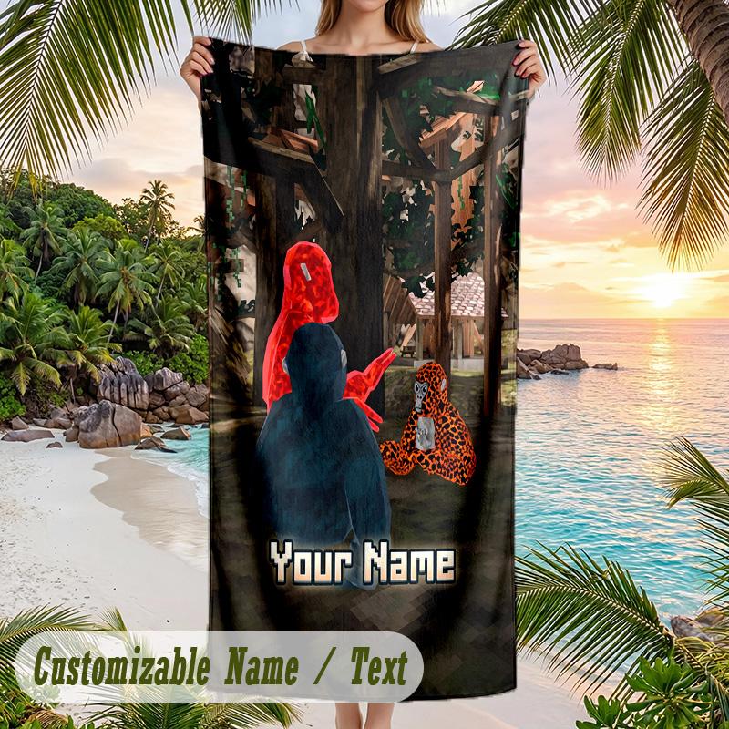 Gorilla Tag cartoon Beach Towel, Personalized Custom Text, Quick Dry Soft Large Towel For Swimming Pool Travel