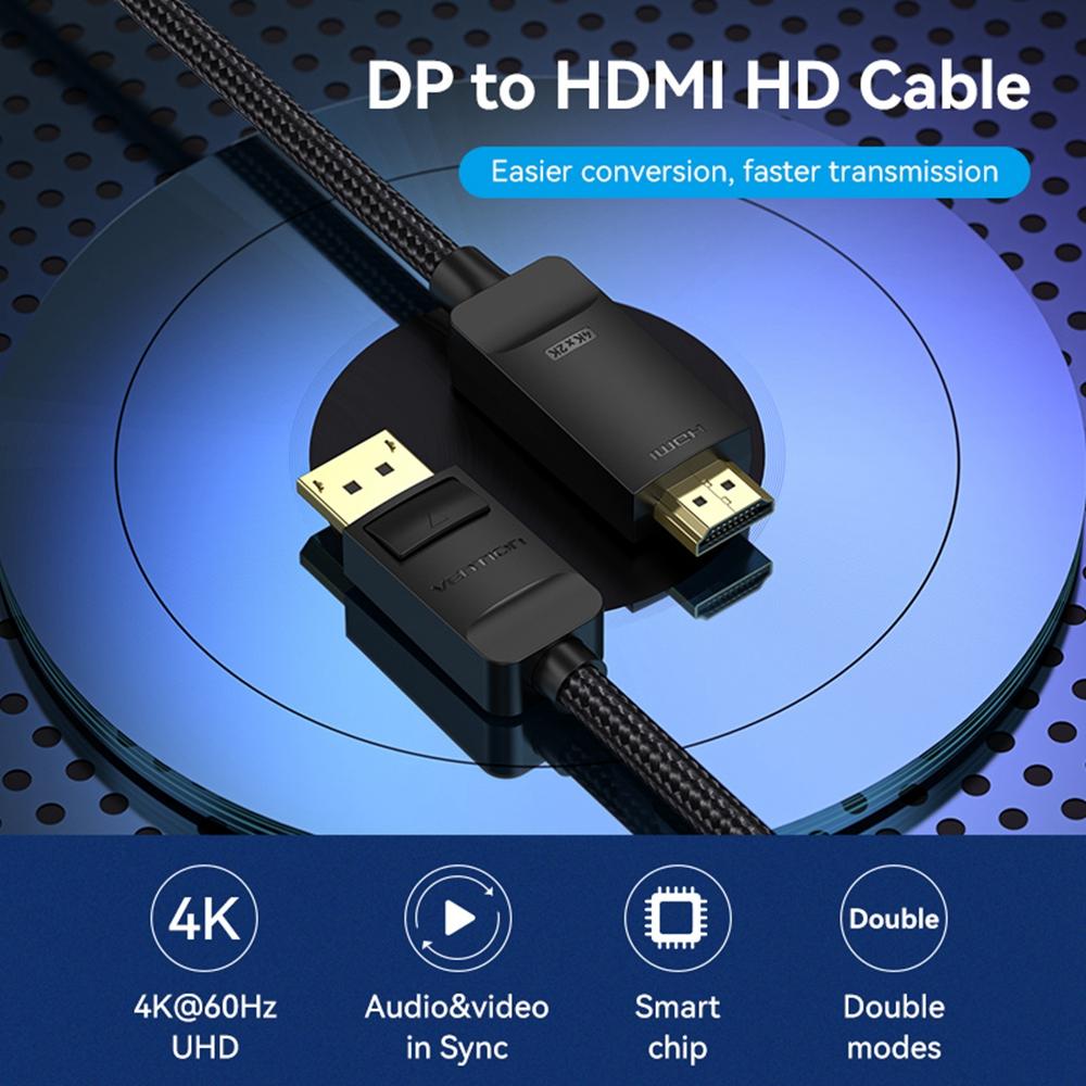VENTION HFKBI 3m 4K/60Hz DP DisplayPort Male to HDMI Male Cotton Mesh Braided Cable