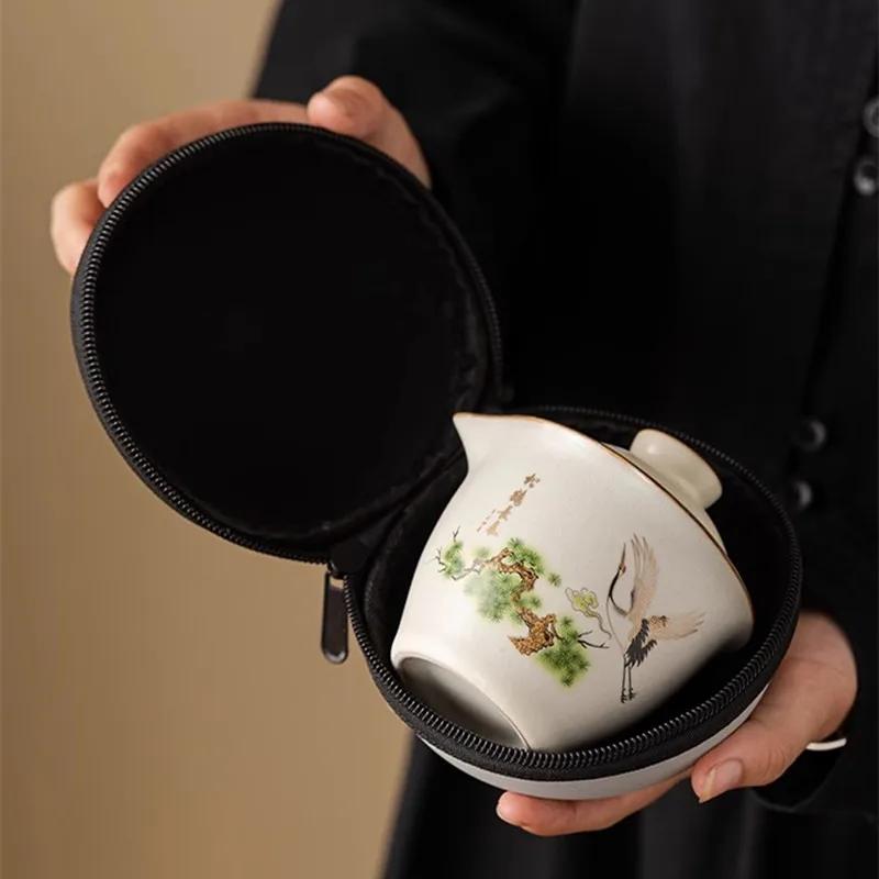 Rice White Ru Kiln Travel Tea Set, Ceramic Minimalist Kuaike Cup, Portable Outdoor Camping Tea Set, One Pot and Three Cups