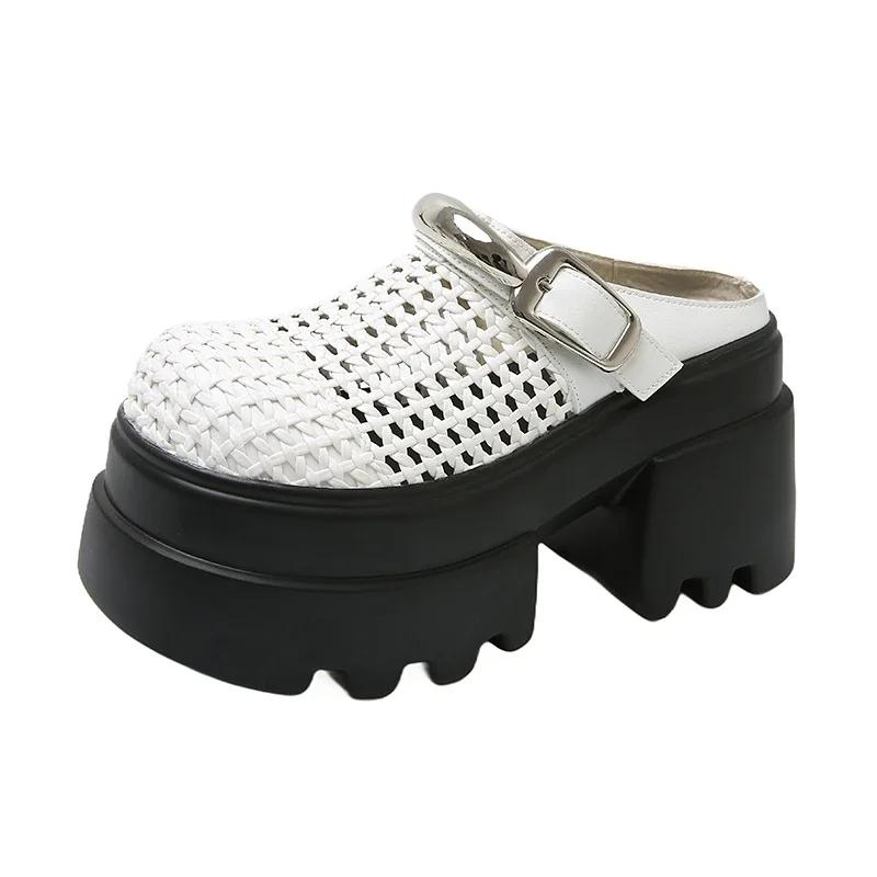 

10CM New 2025 Synthetic Leather Slippers Slip on Platform Wedge Sandals Women Summer Breathable High Heels Chunky Sneakers Woman 34