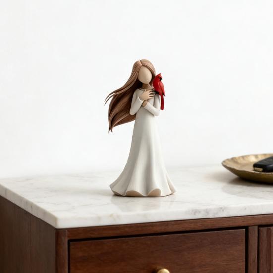 Figure Statue Girl Red Bird Decorative Figurine Smooth Texture Healing Aesthetic Design Home Desktop Ornament