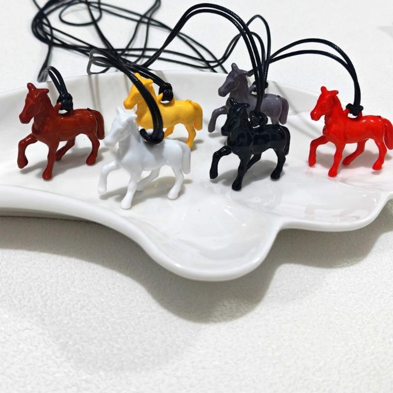 Versatile Long Pendant Necklace Featuring Horse Design In Vibrant Acrylic On Soft Leather Rope for Various Outfits