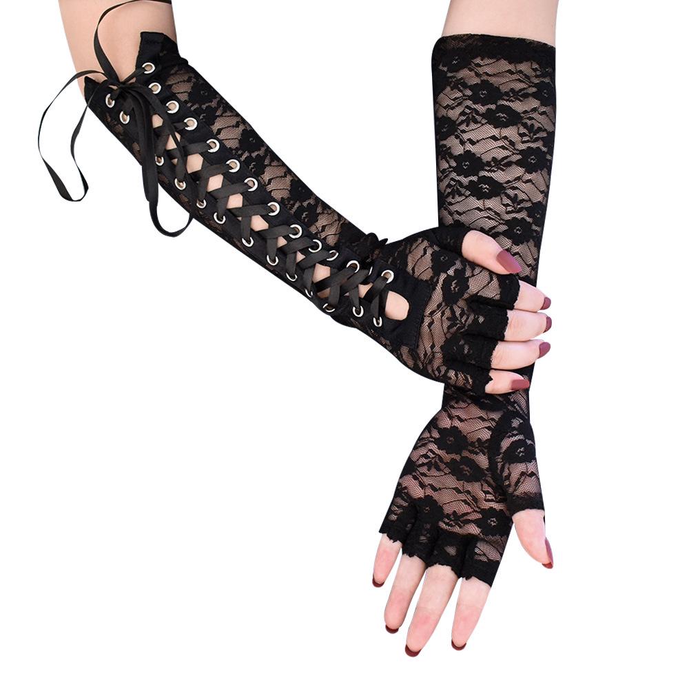 Black Lace-Up Fingerless Gloves - Retro Lolita Dark Punk Style Sleeves