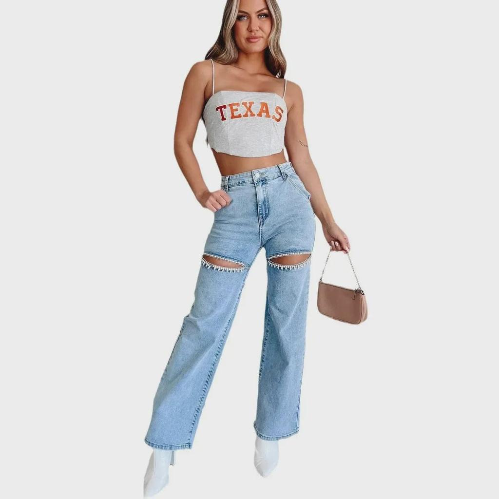 2025 Women's High Waist Straight-Leg Jeans with Chain and Washed Finish