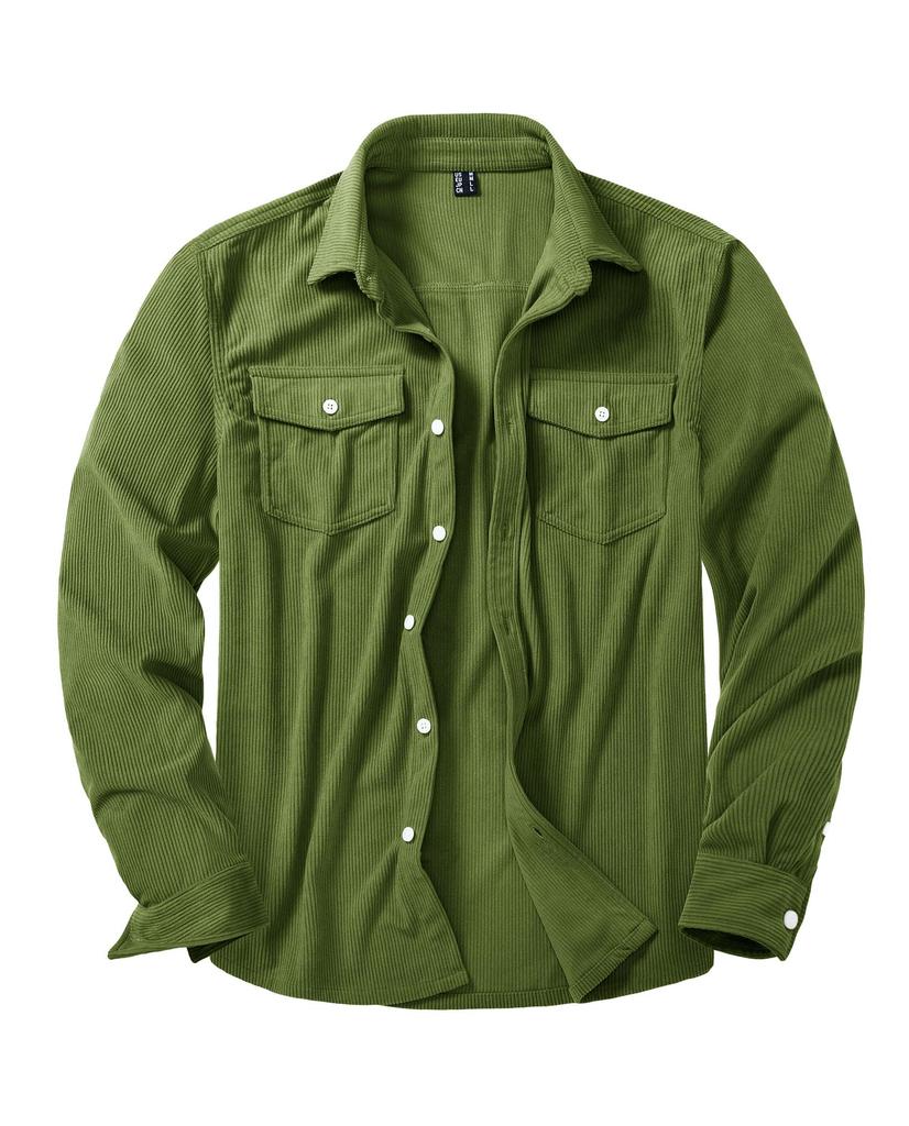 Long Sleeve Large Corduroy Buttoned Collared Shirt Work Green XL [KEFITEVD] Shirt, Men's, Size, Jacket, Plain, Outerwear, Autumn/Winter, Shirt,