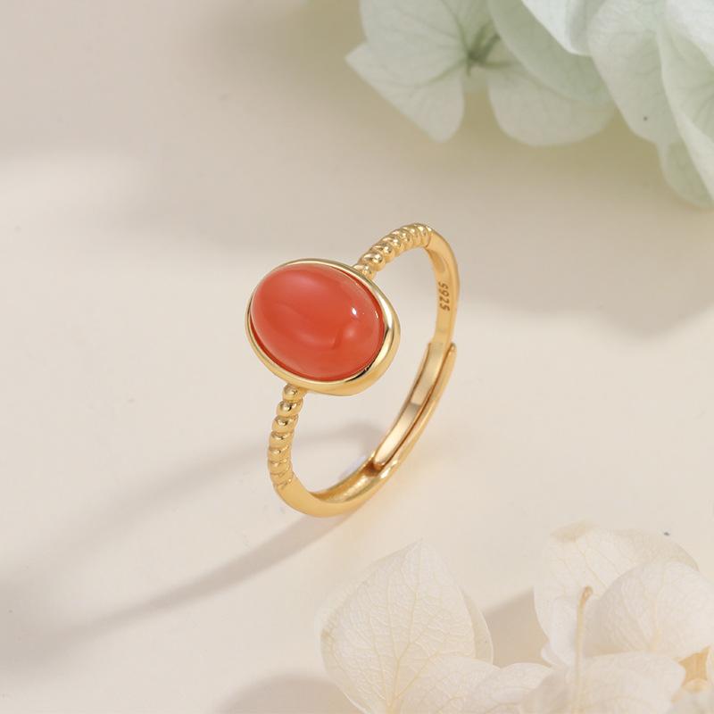 Natural Nanhong S925 Sterling Silver Ring Egg Surface Silver Inlaid Nanhong Ring Opening Cross-border Versatile Jewelry Fashion Gift