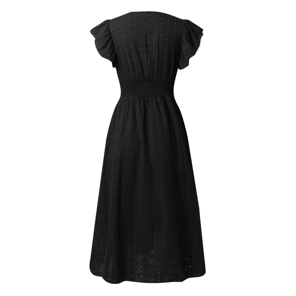 Women's Fashion Ruffle Sleeve Mid-Length V-Neck Lace Hollow Solid Color Casual Dresses