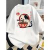 Cat Eating Ramen, Japanese Cuisine Print Tshirt Short Sleeve Crew Neck Casual Top for Summer Spring, Women's Clothing