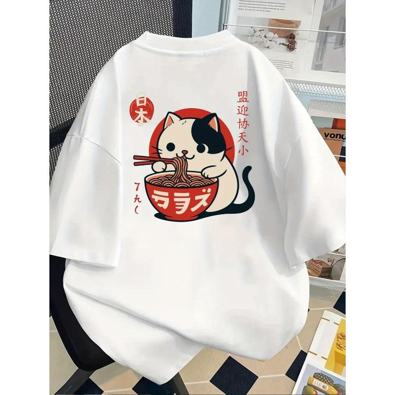 Cat Eating Ramen, Japanese Cuisine Print Tshirt Short Sleeve Crew Neck Casual Top for Summer Spring, Women's Clothing