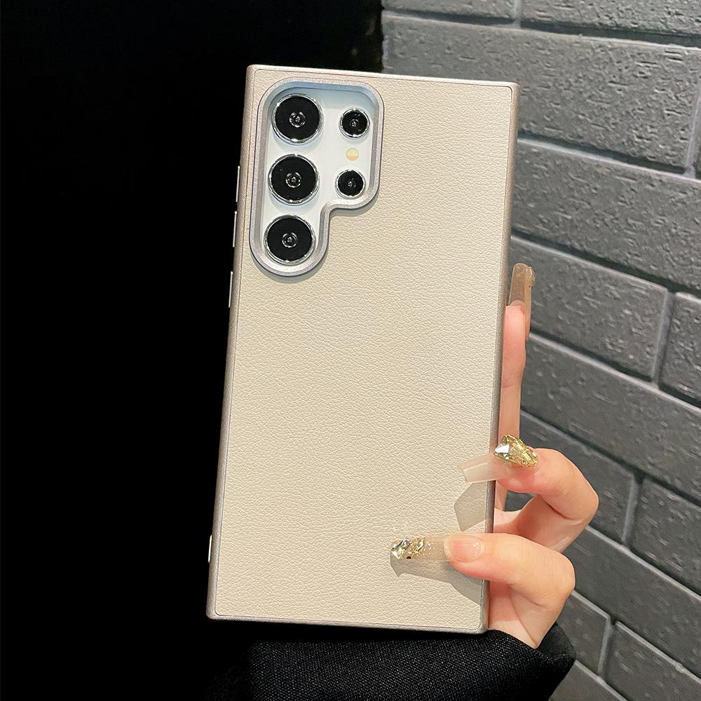 

Titanium gray metal lens frame leather phone case for Samsung Galaxy S22 S23 S24+ Plus Ultra full shockproof hard back cover for GalaxyS22Ultra(6.7 )