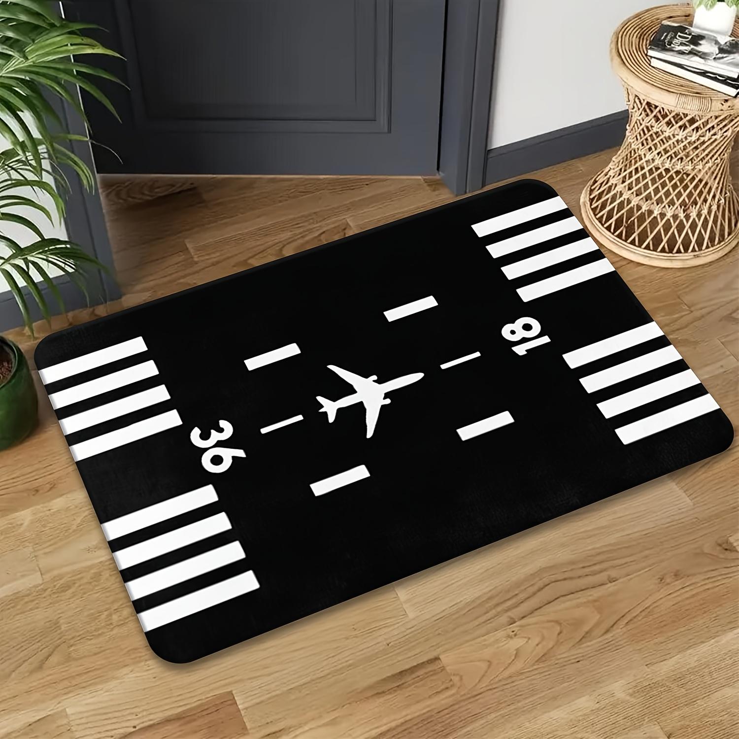 

Airplane Runway Doormat – Black with White Stripes, “36” & “18”, Plane Icon, Flannel Non-Slip, Machine Washable, Entryway Office 40cm x 60cm