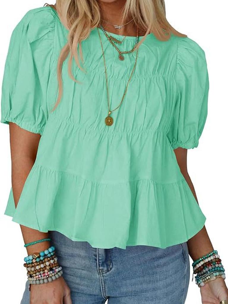 New Summer Bubble Sleeve Raglan T-Shirt Loose Casual A-Line Ruffled Trendy Top