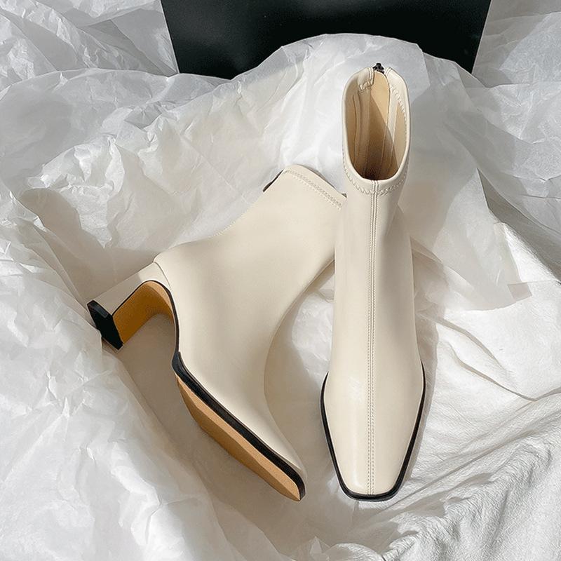 Brown Short Boots Women's High Heels Autumn and Winter New Velvet Thick Heel French Small Ankle Boots Rear Zipper Elastic Square Head Thin Boots