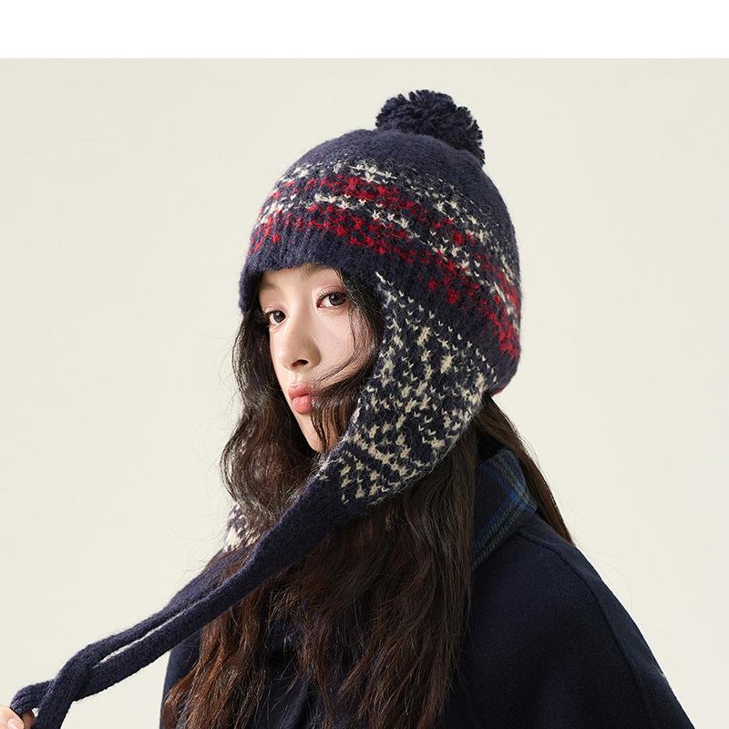 

Осенне-зимняя шапка с защитой ушей, вязаная, женская, этнический стиль, теплая шерстяная шапка темно-синий