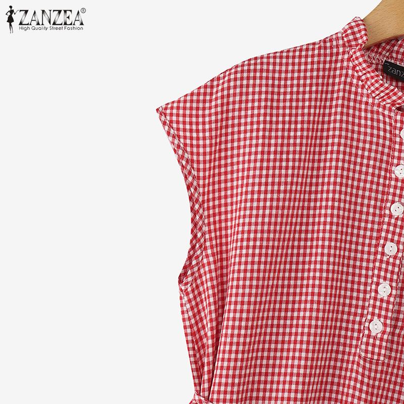 ZANZEA Women Casual Round Neck Summer Sleeveless Plaid Print Dress