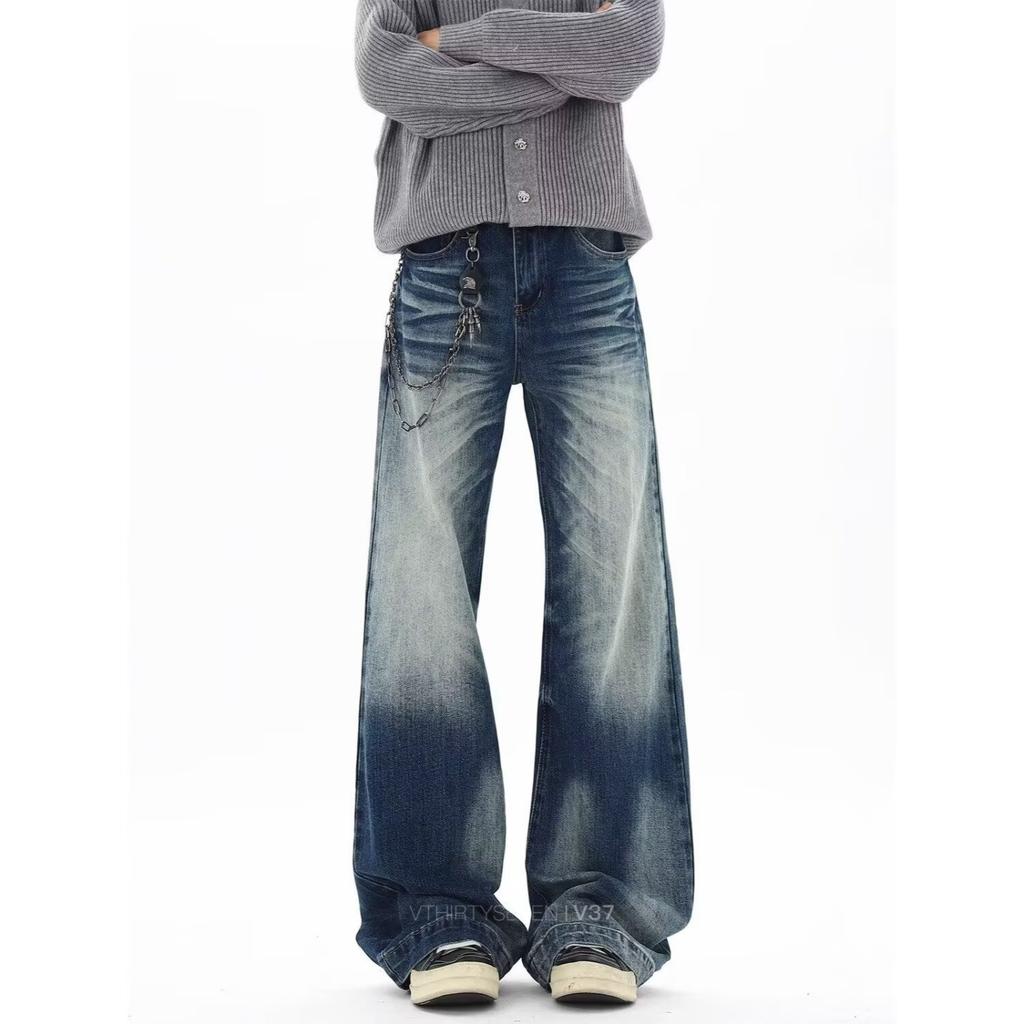 American retro cat whisker washed jeans men's straight loose wide-leg high street pants versatile and thin long pants