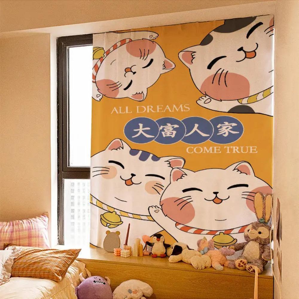 Kawaii Ins Curtain Fabric Punch-free Short Curtain Cartoon Curtains Self-adhesive Wall Cloth for Window Shading
