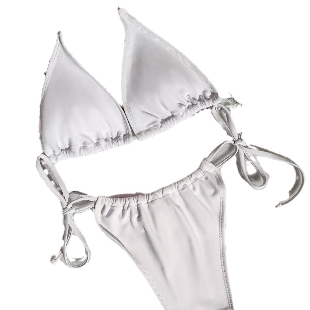 New Pearl Chain Neck Strap Bikini Sexy Swimsuit White Women'S Swimsuit Premium