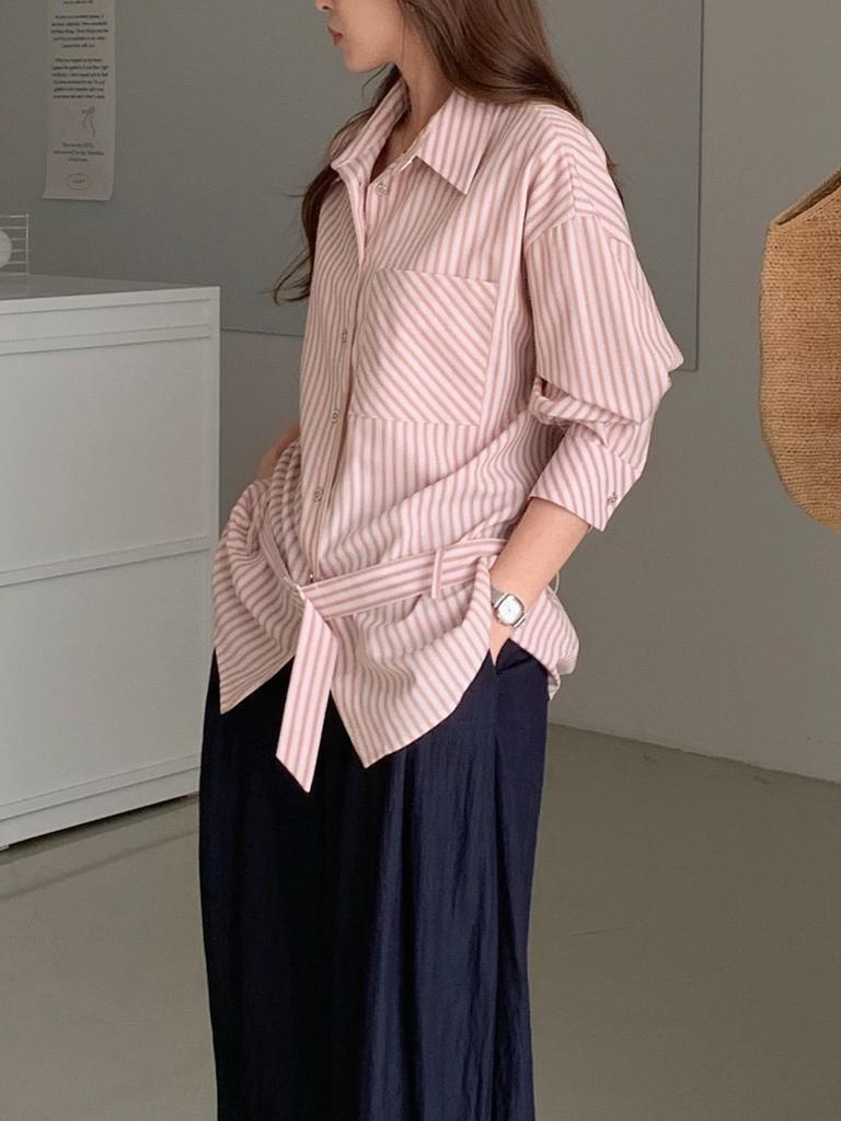 Korean Style Pink Stripe Women's Loose Tie-Waist Casual Long Sleeve Shirt