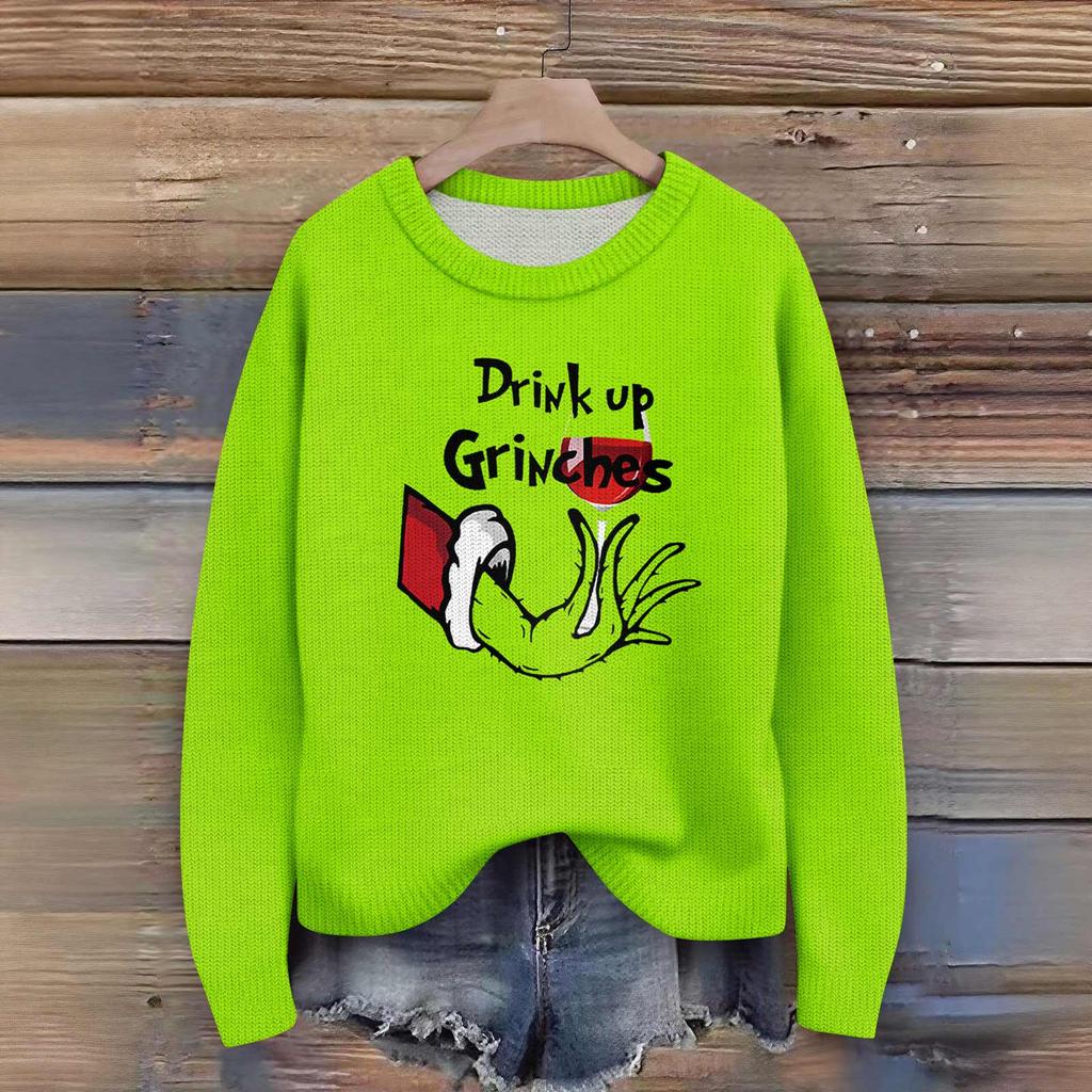 Long Sleeve Pullover Sweaters For Women O Neck Casual Cute Printing Knit Oversized Sweater