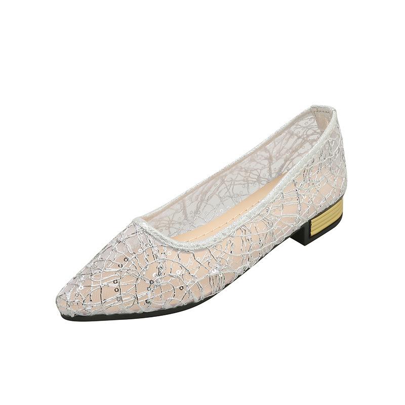 Large-sized Single-shoe Women's Summer Hollow Mesh Fabric Fashionable Pointed Toe Casual Flat Bean Shoes