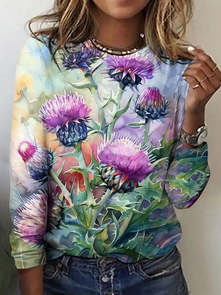 Round Neck 3D Flower Printed Top Fashionable Casual Long Sleeved Women's T-shirts