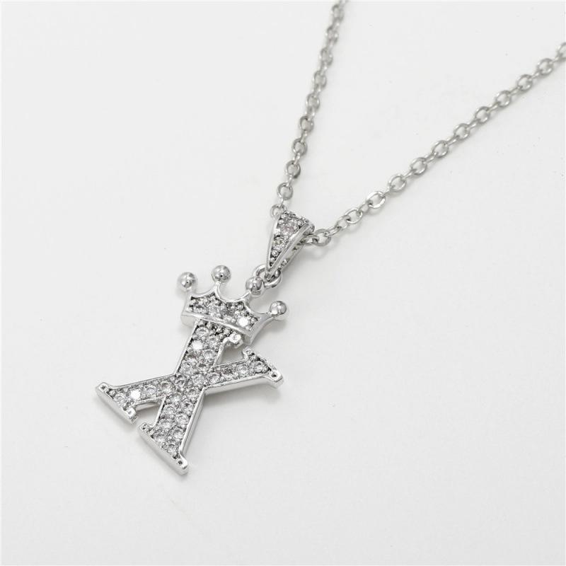 Fashion Cubic Zirconia Crown Letter Pendant Necklace Silver Hip Hop Punk Alphabet Jewelry