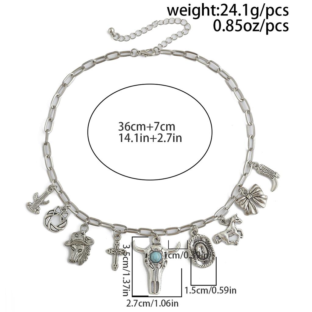 Retro ethnic style imitation turquoise cow head collarbone necklace female western cowboy style hat necklace