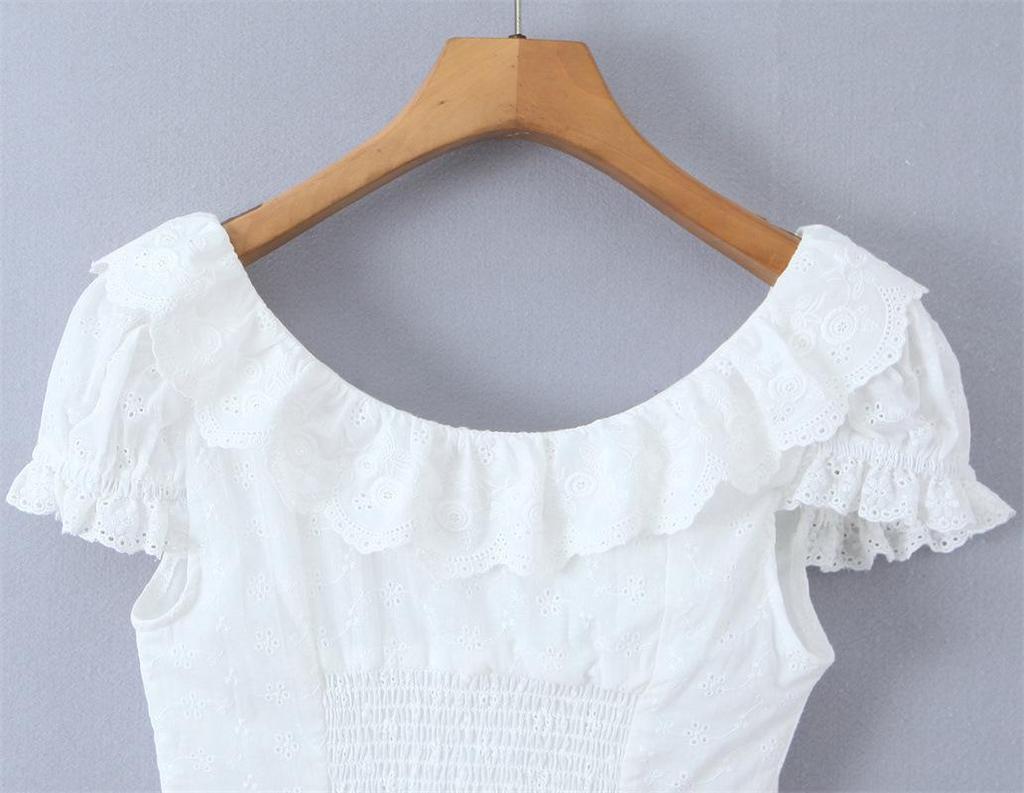 Chemise Blanche à Manches Bouffantes et Col en Dentelle - Haut Rétro pour Femme à Boutonnage Simple, Brodé et Cintré à la Taille