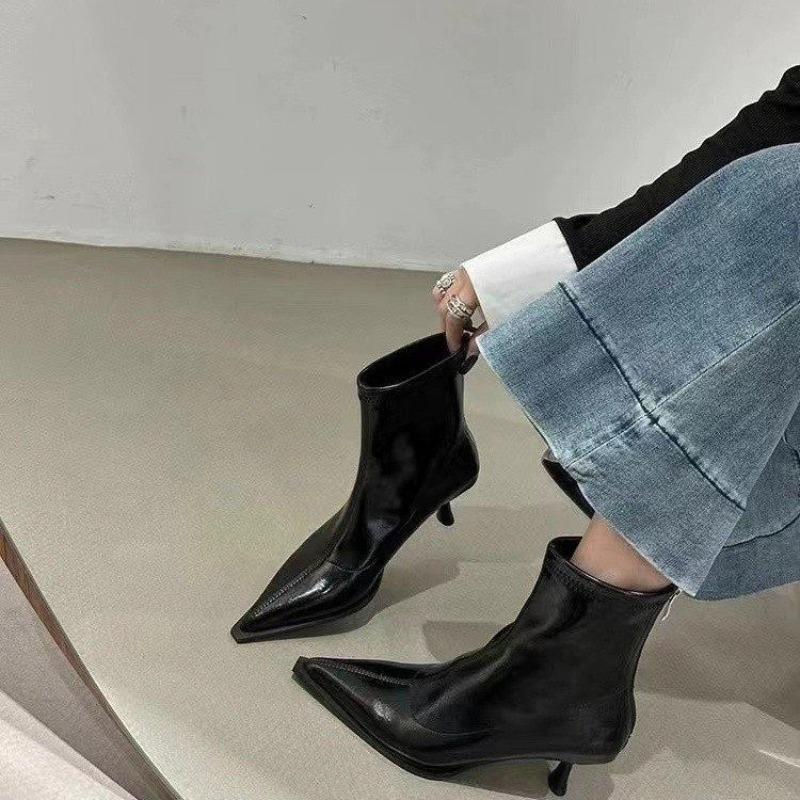 Fashion Booties Women Autumn New Pointed Toe Rear Zipper Anti-slip Wear-resistant Skinny Heel High Heel Skinny Boots