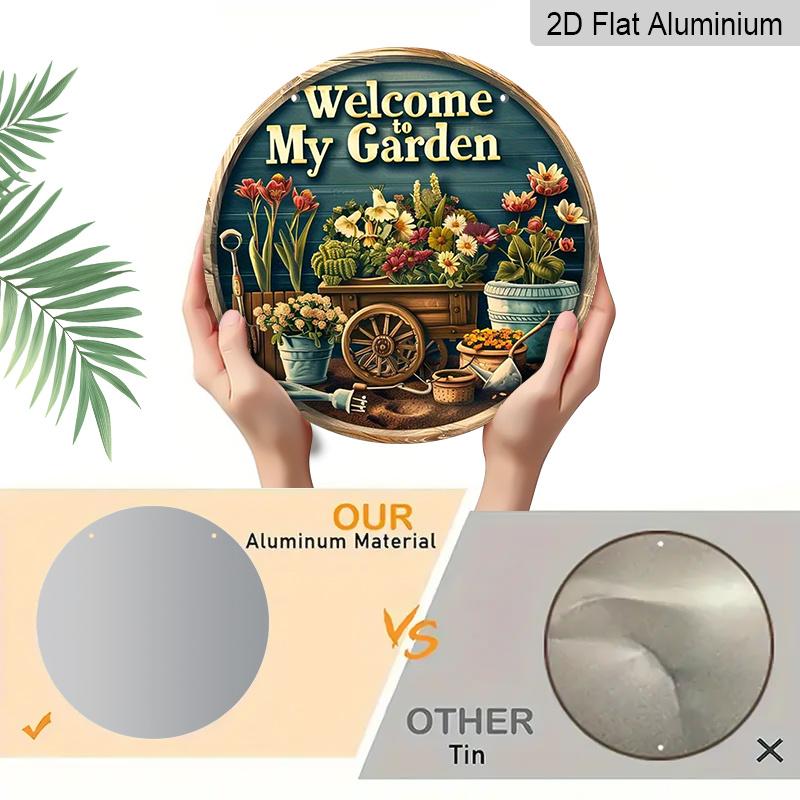 2D Flat, 1pc Vintage Aluminum Welcome To My Garden Sign - Weatherproof Floral Mural Wall Art with Hanging Rope, Rustic Indoor/Outdoor Decor for Home