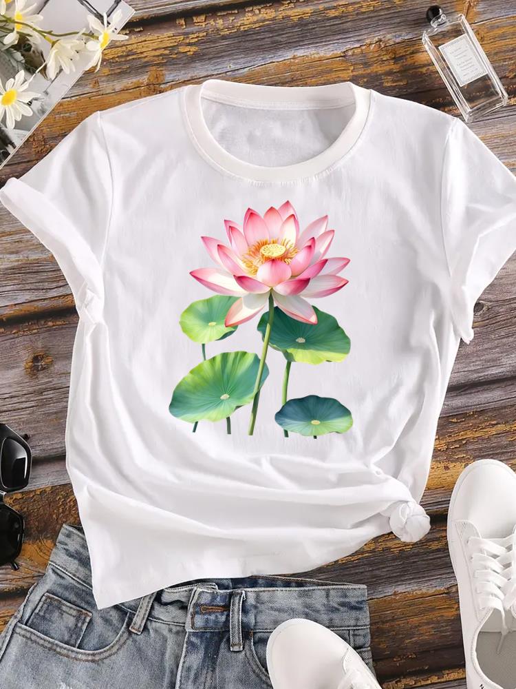 (Asian Size) Lady Female Top Printed Women Flower Sweet Trend 90s Casual T Shirt Fashion Graphic Short Sleeve T-shirts Tee Clothing