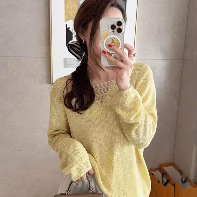 Simple and Gentle V-neck Hollow Knitted Sweater Women's Spring and Summer Thin Long-sleeved Sunscreen Blouse Lazy Loose Top Women