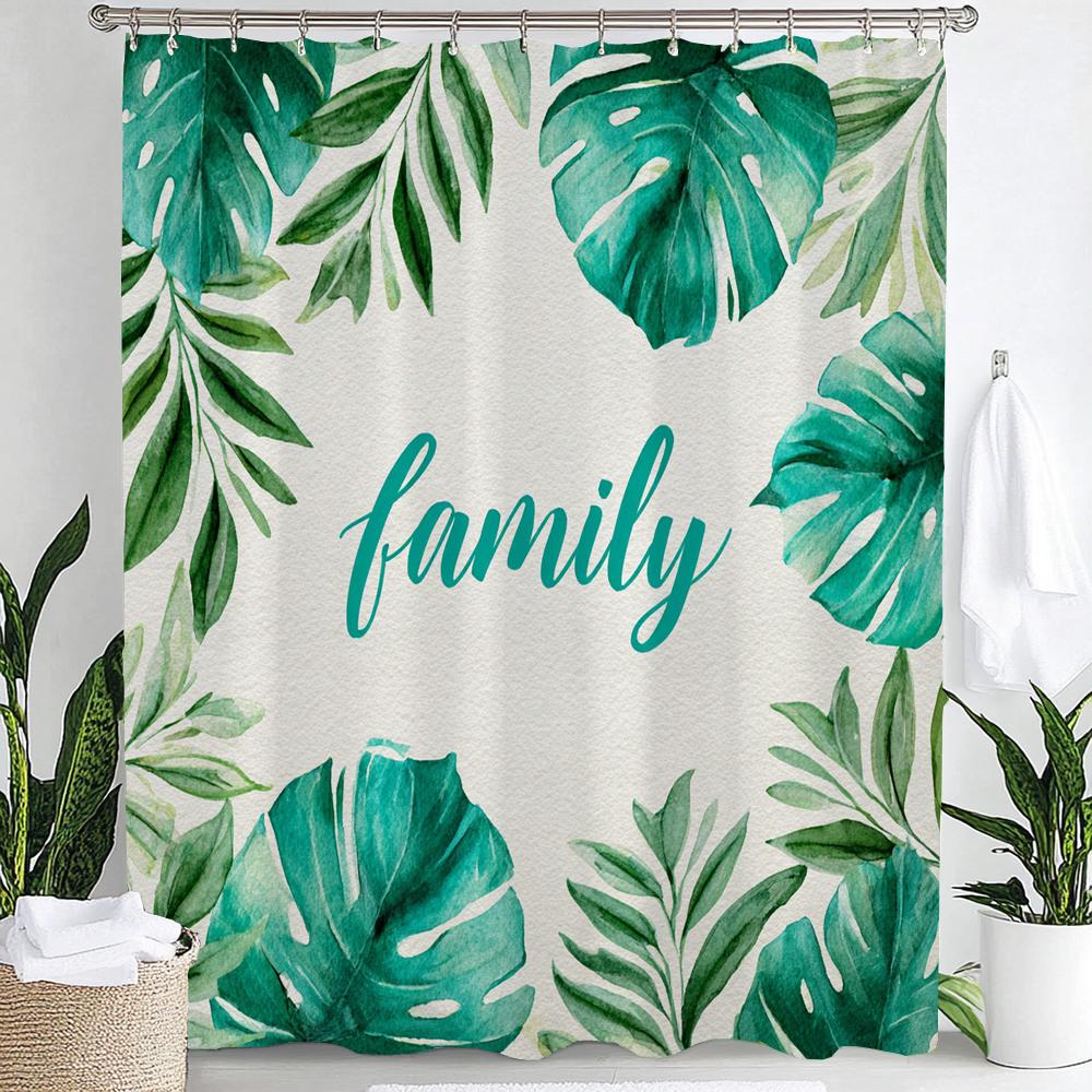 Smaragdgrüner Blatt-Duschvorhang, Moderner Abstrakter Palmenblatt-Tropischer Monstera-Badezimmervorhang Heimdekoration Mit Haken