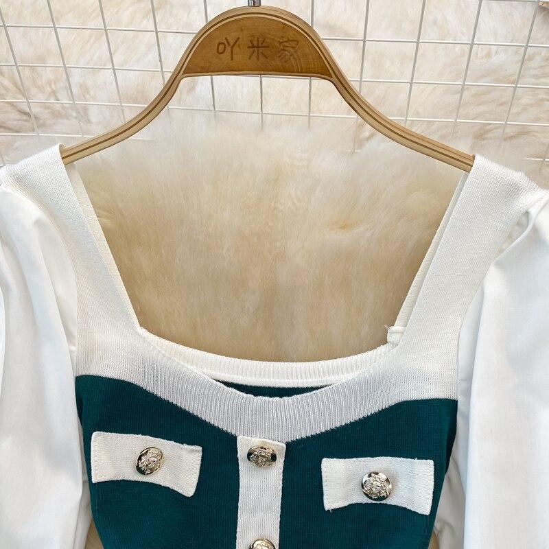 Retro Hepburn Style Waist Waist Square Collar Ladies Temperament Black and White Patchwork Buttock Knitted Dress