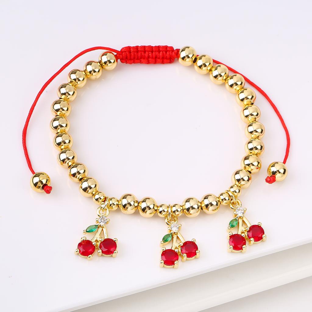 Hot Sale Cute Cherry Strawberry Pendant Copper Bead Chain Bracelet High Quality Crystal Zirconia Fruit Jewelry For Daily Wear