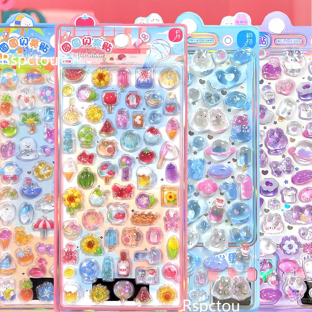 Kawaii Aesthetic Cartoon 3D Relief Stickers Cute Animal Food Crystal Bubble Decals Toys Cute Decoration Sticker Toys Gifts