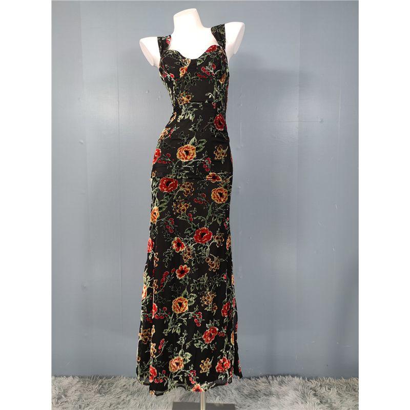 Foreign Trade Order Lu's Home Sling Flocking Flowers Sling Backless Slimming Elegant Fashion Socialite Party Sheath Dress