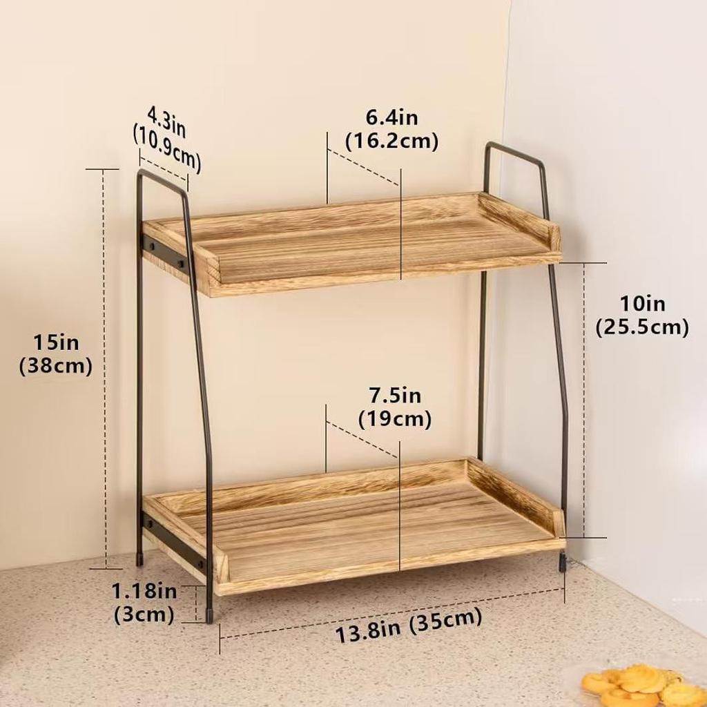 Wood and Iron Double-Layer Desktop Organizer and Spice Rack
