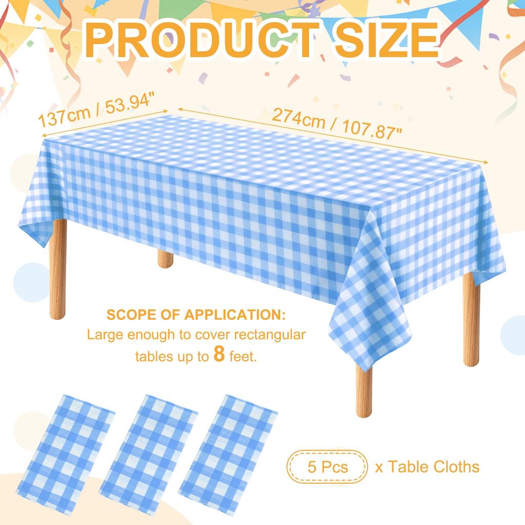 5pcs 54 X 108" Gingham Table Cloths Rectangle Plastic Tablecloth Waterproof Table Cover for Dining Birthday Party Kitchen Picnic