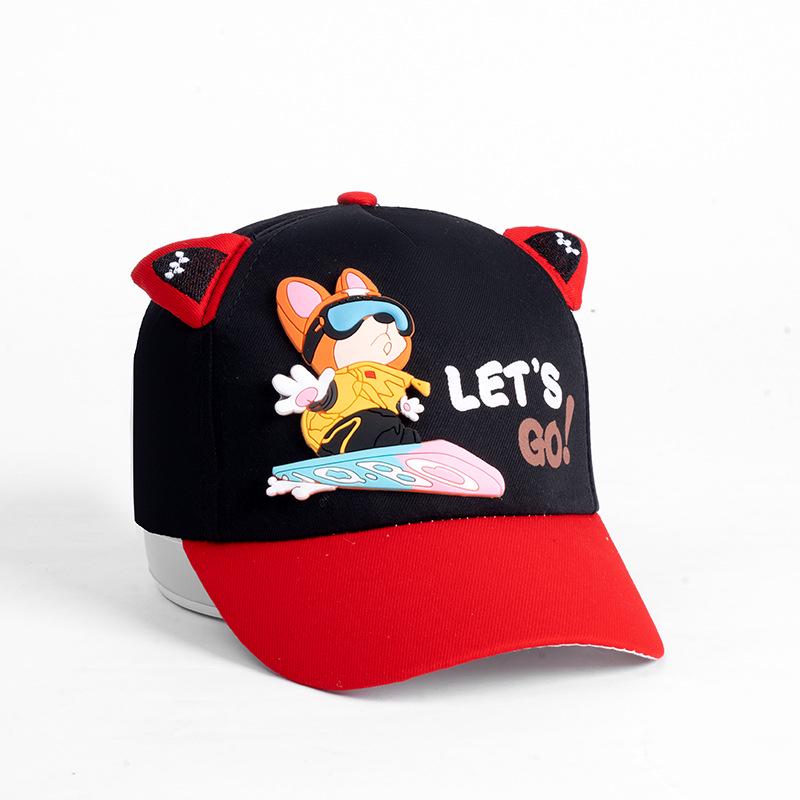 Kids Spring/Autumn Flat Brim Baseball Cap with 3D Fox Ears, Color Block, Korean Style