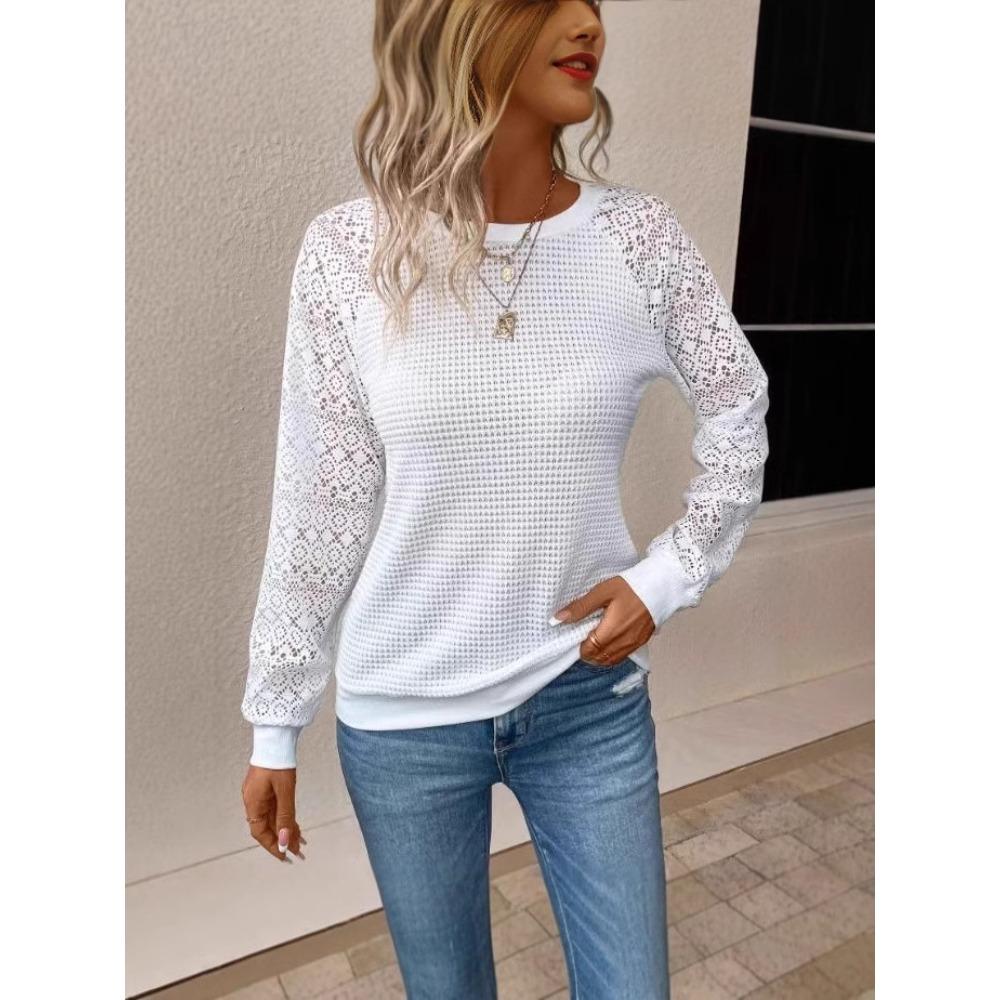Women Solid Color Lace Long Sleeve Hollow Out Crew Neck Casual T-shirt Blouse Tops