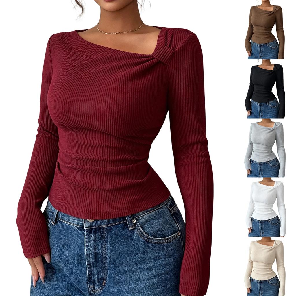 Women's Ribbed Long Sleeve Top Asymmetric Neckline Slim Fit Stretchy Knitwear Casual Pullover Shirt
