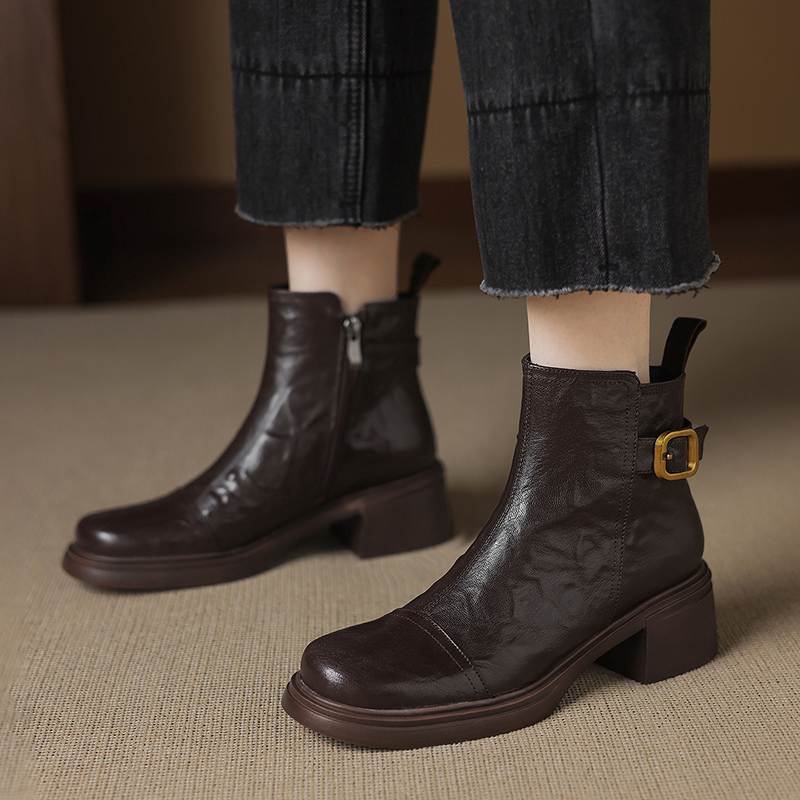 Krazing Pot Sheepskin Round Toe Thick Heels Chelsea Boots Size 42 High Quality Women Keep Warm Metal Buckle Ankle Boots