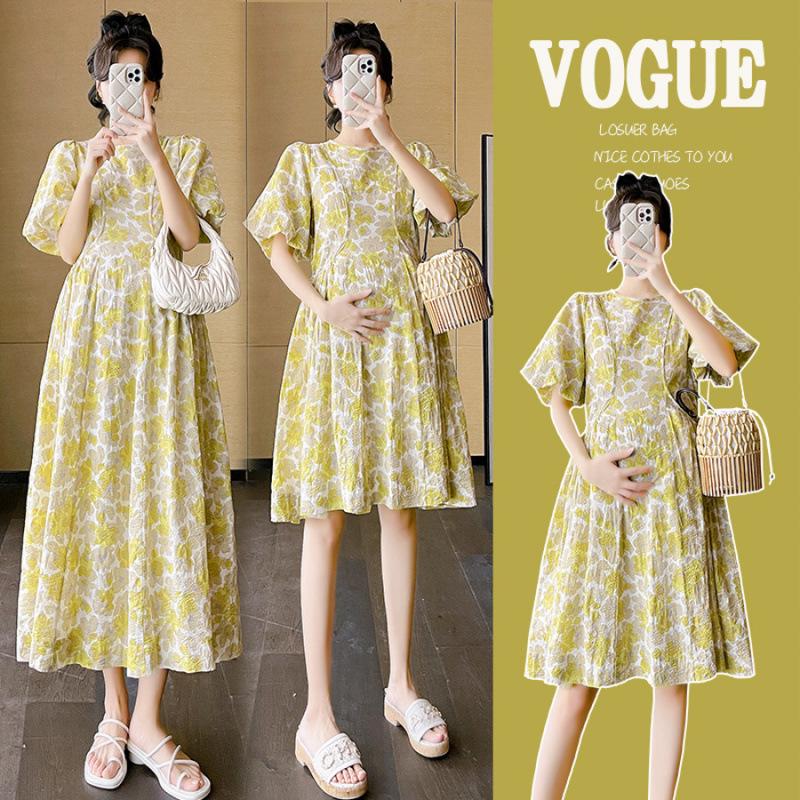 

Elegant Lemon Yellow Maternity Dress with Puff Sleeves and Round Neck - Available in Long and Short Styles 2XL