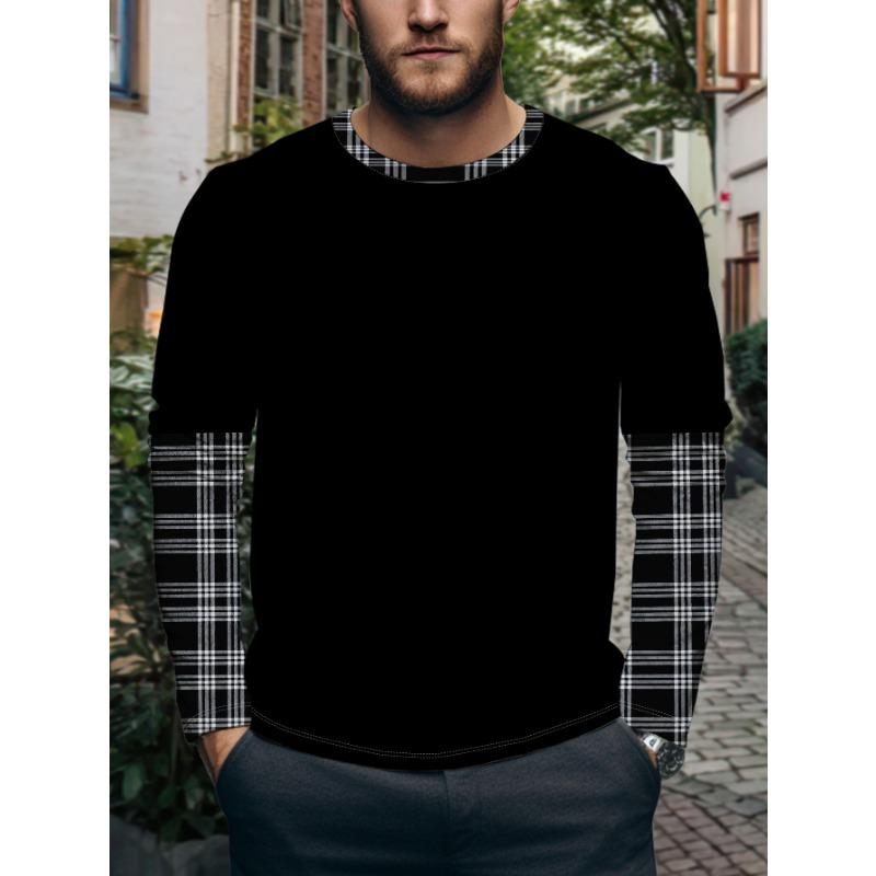 T-shirt à col rond et manches longues pour homme Mode Automne Nouveau Tendance Bloc de Couleurs Rayures Noir et Blanc Haut Décontracté Jeune Coupe Cintrée Maillot de corps