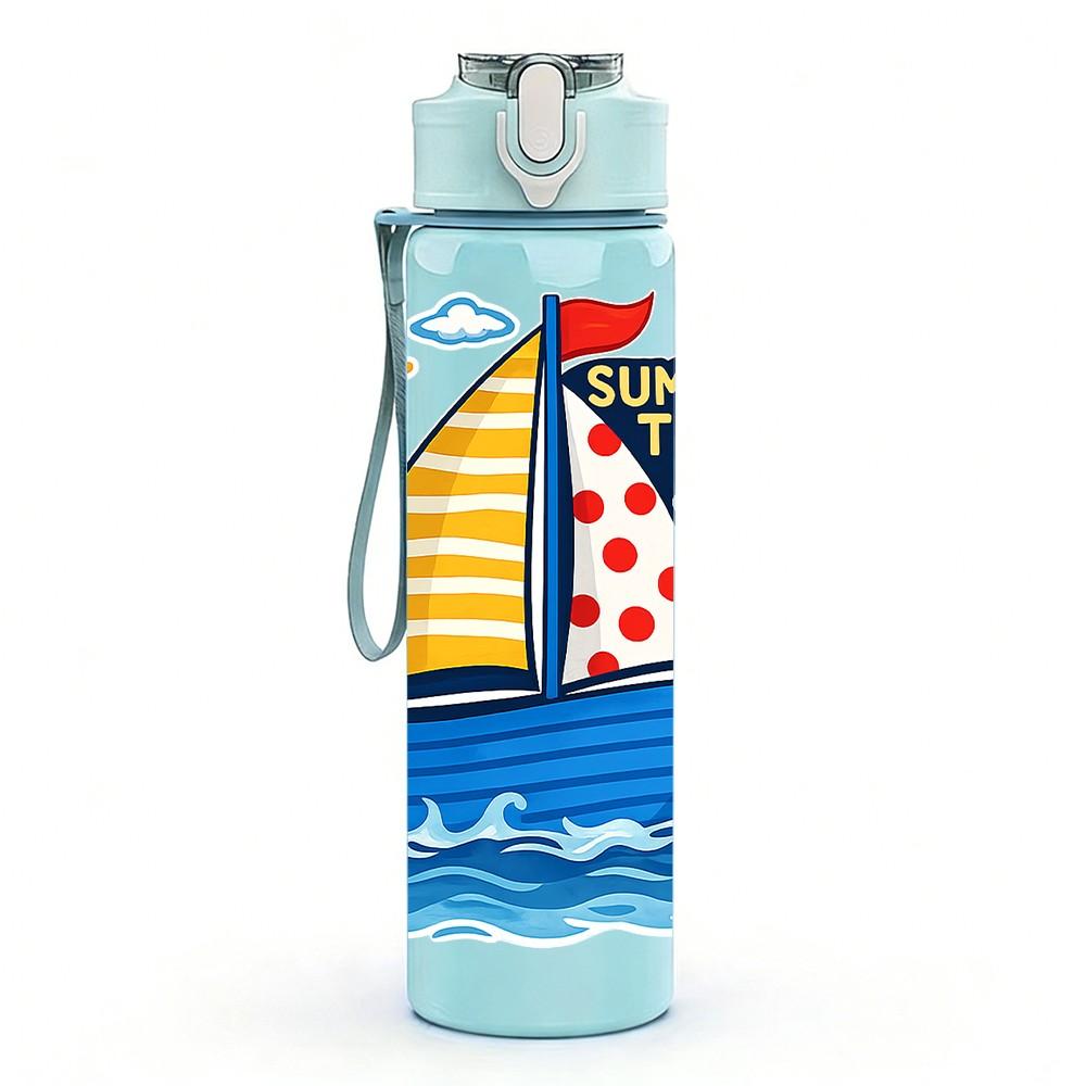 1PC Sailboat Ocean Sunny Scene Print 750ml Color Plastic Sports Water Bottle Leakproof Flip Straw Lid Suitable for Sports Office Home Use