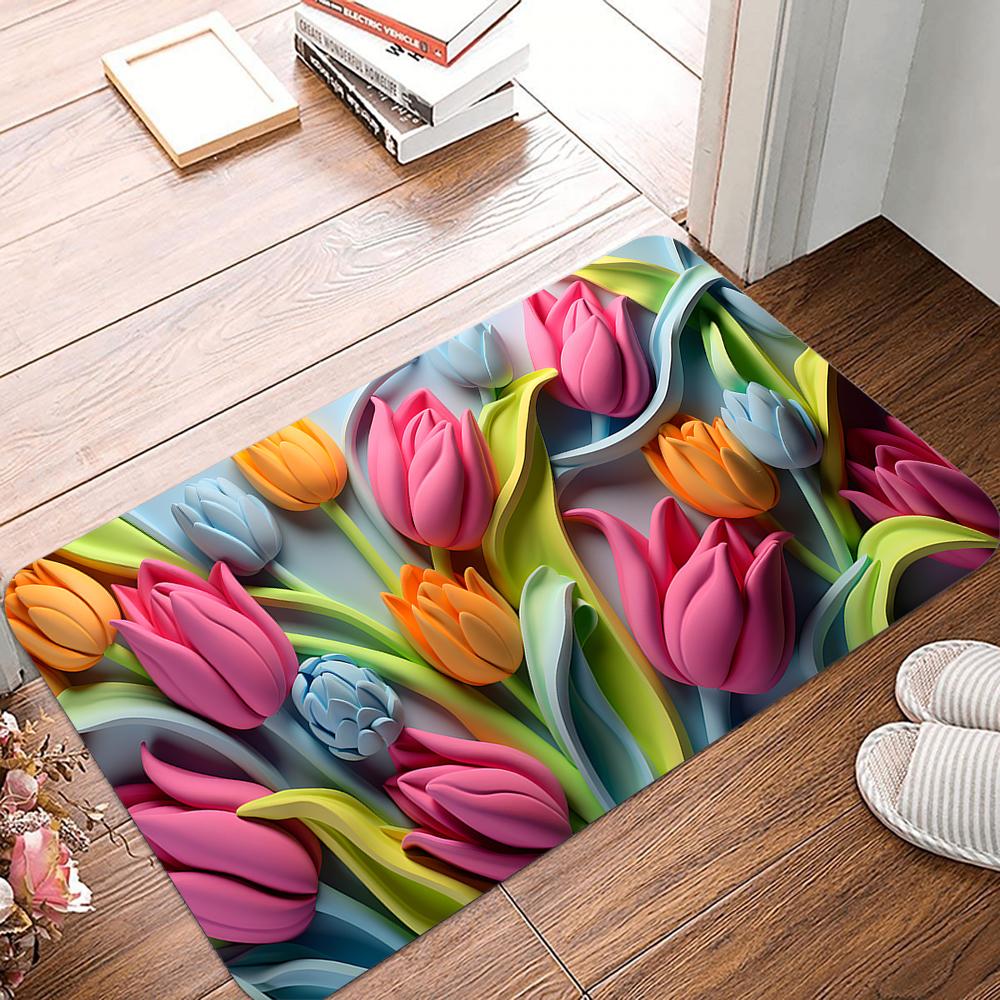 Colored Tulips Diatom Mud Entrance Antislip Home Outdoor Kitchen Rug Washable Hallway Bathroom Porch Floor Door Mat Decorate